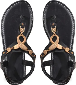 OYOANGLE Women's Metal Decor T Strap Thong Sandals Summer Comfortable Ankle Strap Flat Sandals