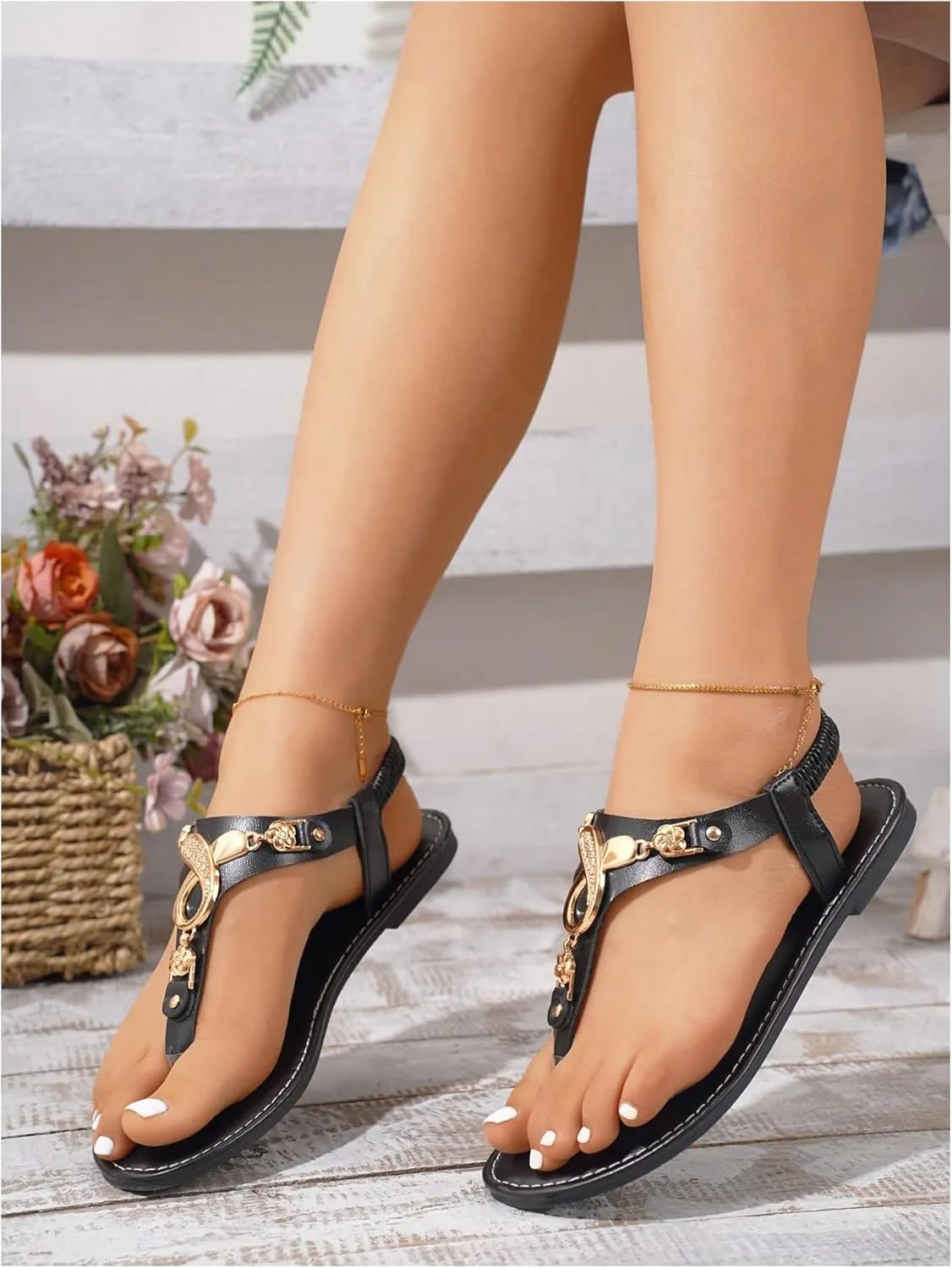OYOANGLE Women's Metal Decor T Strap Thong Sandals Summer Comfortable Ankle Strap Flat Sandals