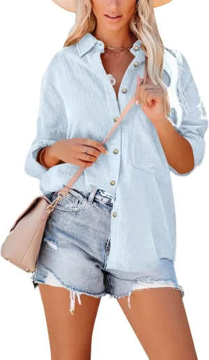 Paintcolors Women's Button Up Shirts Roll-Up Sleeve Cotton Blouses V Neck Casual Tunics Solid Color Tops with Pockets