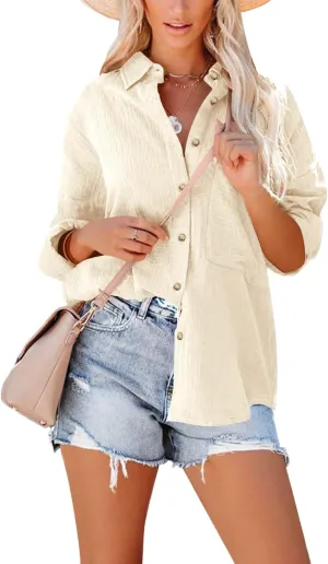 Paintcolors Women's Button Up Shirts Roll-Up Sleeve Cotton Blouses V Neck Casual Tunics Solid Color Tops with Pockets