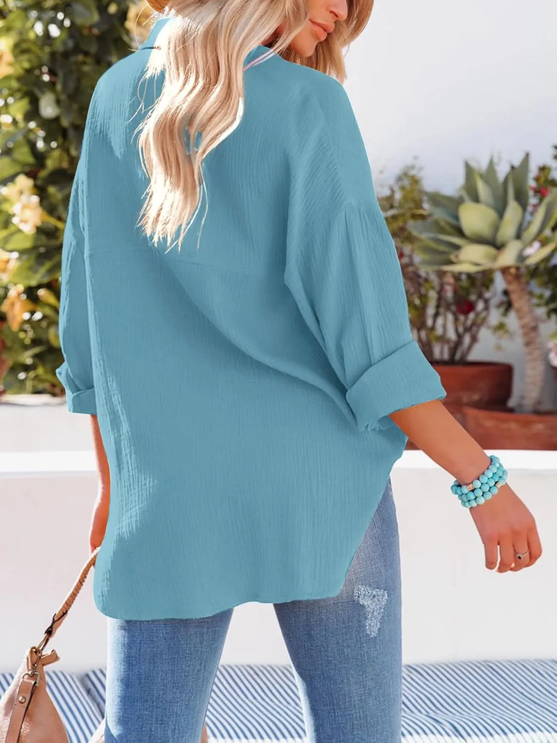 Paintcolors Women's Button Up Shirts Roll-Up Sleeve Cotton Blouses V Neck Casual Tunics Solid Color Tops with Pockets