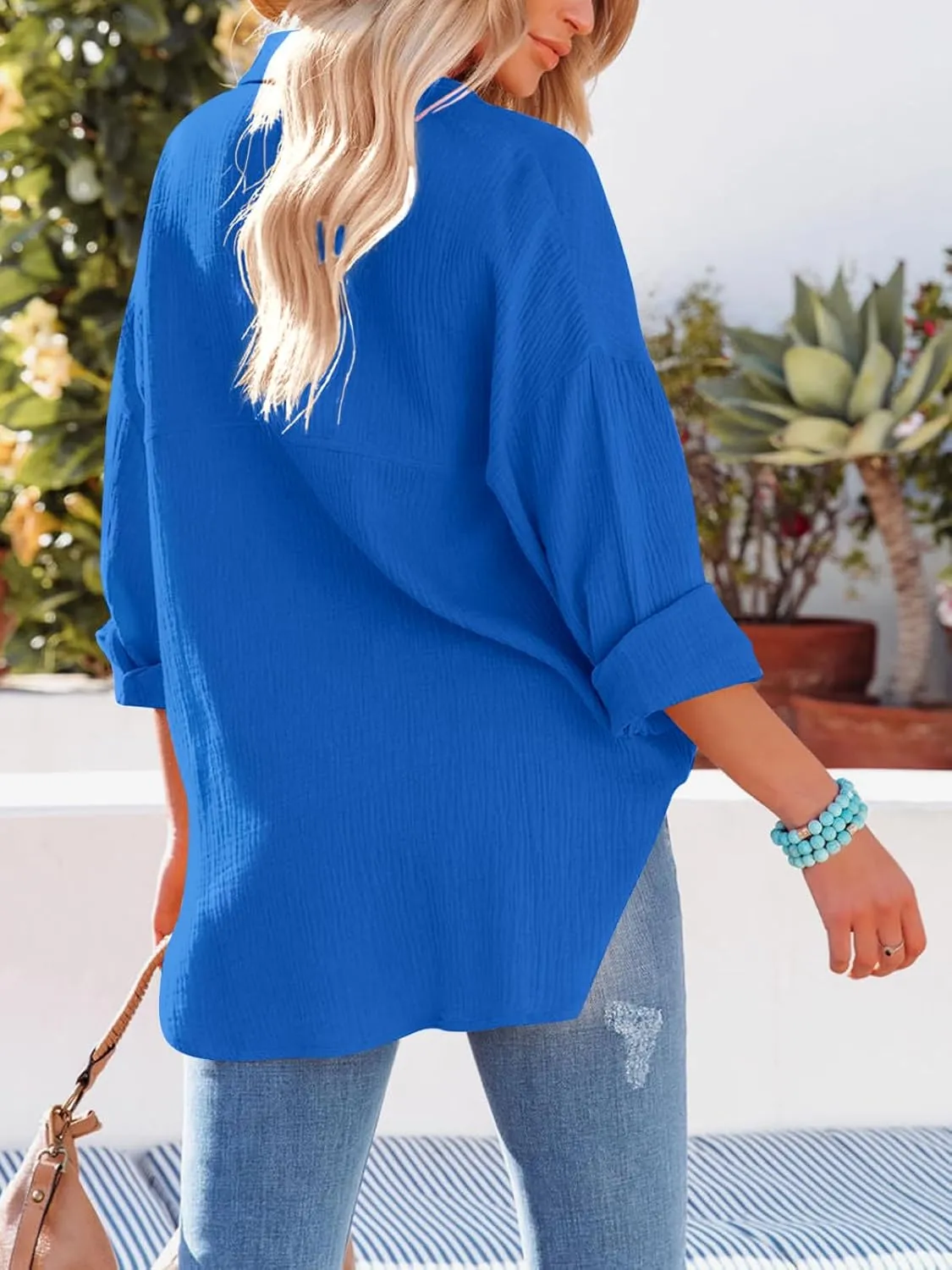 Paintcolors Women's Button Up Shirts Roll-Up Sleeve Cotton Blouses V Neck Casual Tunics Solid Color Tops with Pockets