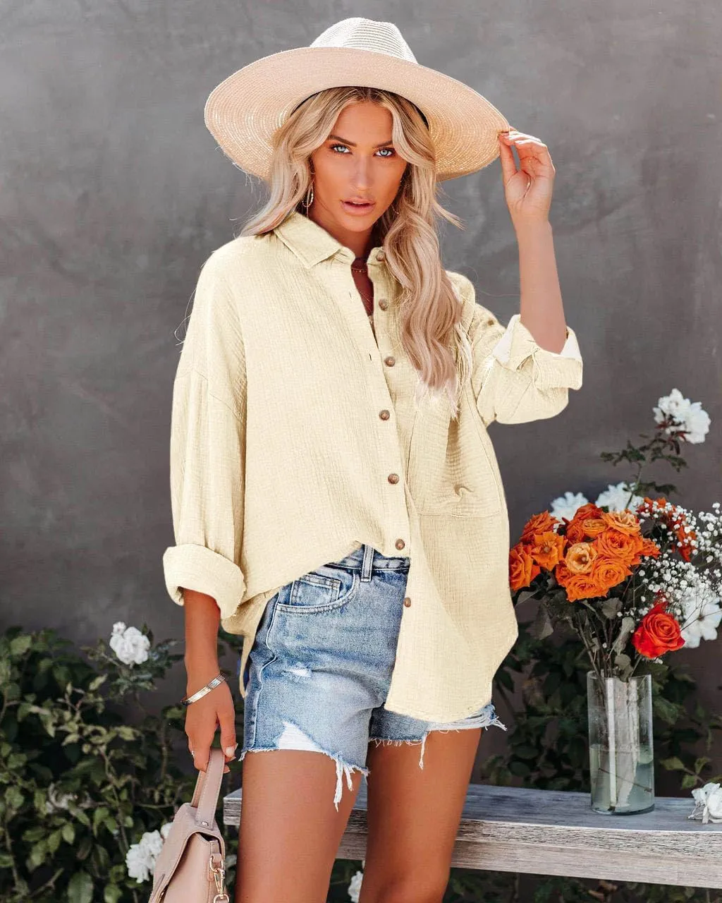 Paintcolors Women's Button Up Shirts Roll-Up Sleeve Cotton Blouses V Neck Casual Tunics Solid Color Tops with Pockets