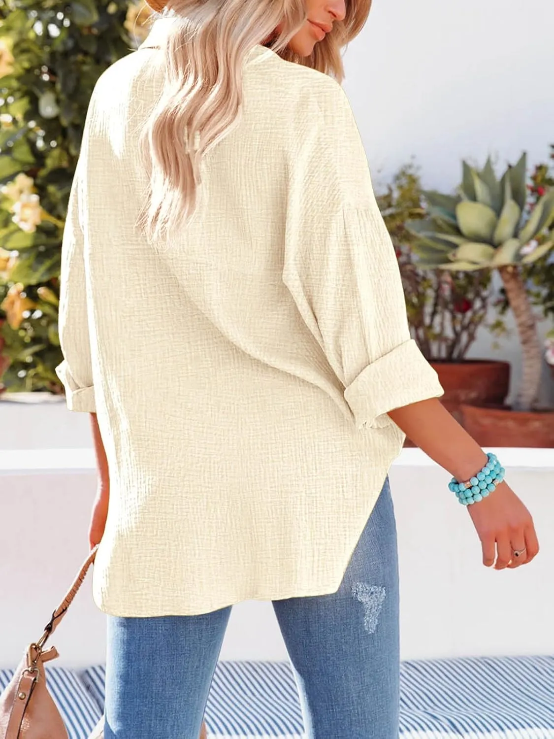 Paintcolors Women's Button Up Shirts Roll-Up Sleeve Cotton Blouses V Neck Casual Tunics Solid Color Tops with Pockets