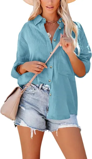 Paintcolors Women's Button Up Shirts Roll-Up Sleeve Cotton Blouses V Neck Casual Tunics Solid Color Tops with Pockets