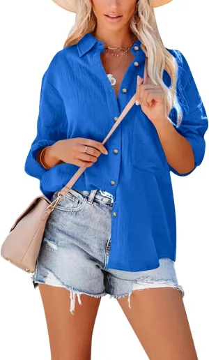 Paintcolors Women's Button Up Shirts Roll-Up Sleeve Cotton Blouses V Neck Casual Tunics Solid Color Tops with Pockets