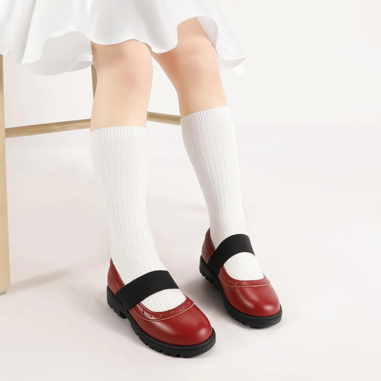 PANDANINJIA Toddler Girls Mary Jane School Shoes Kids Elastic Strap Platform Flats Dress Shoes