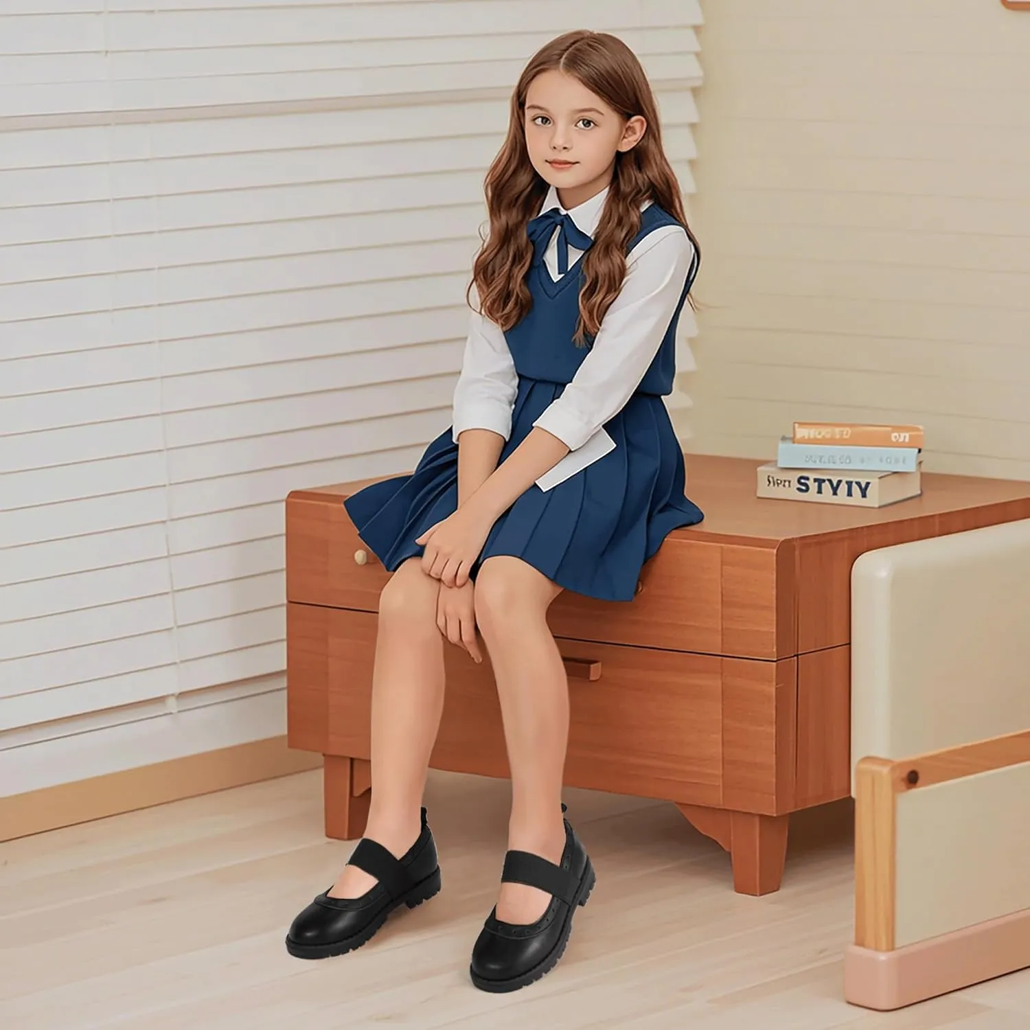 PANDANINJIA Toddler Girls Mary Jane School Shoes Kids Elastic Strap Platform Flats Dress Shoes