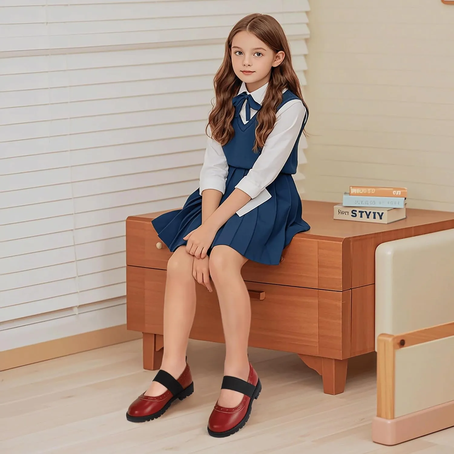PANDANINJIA Toddler Girls Mary Jane School Shoes Kids Elastic Strap Platform Flats Dress Shoes