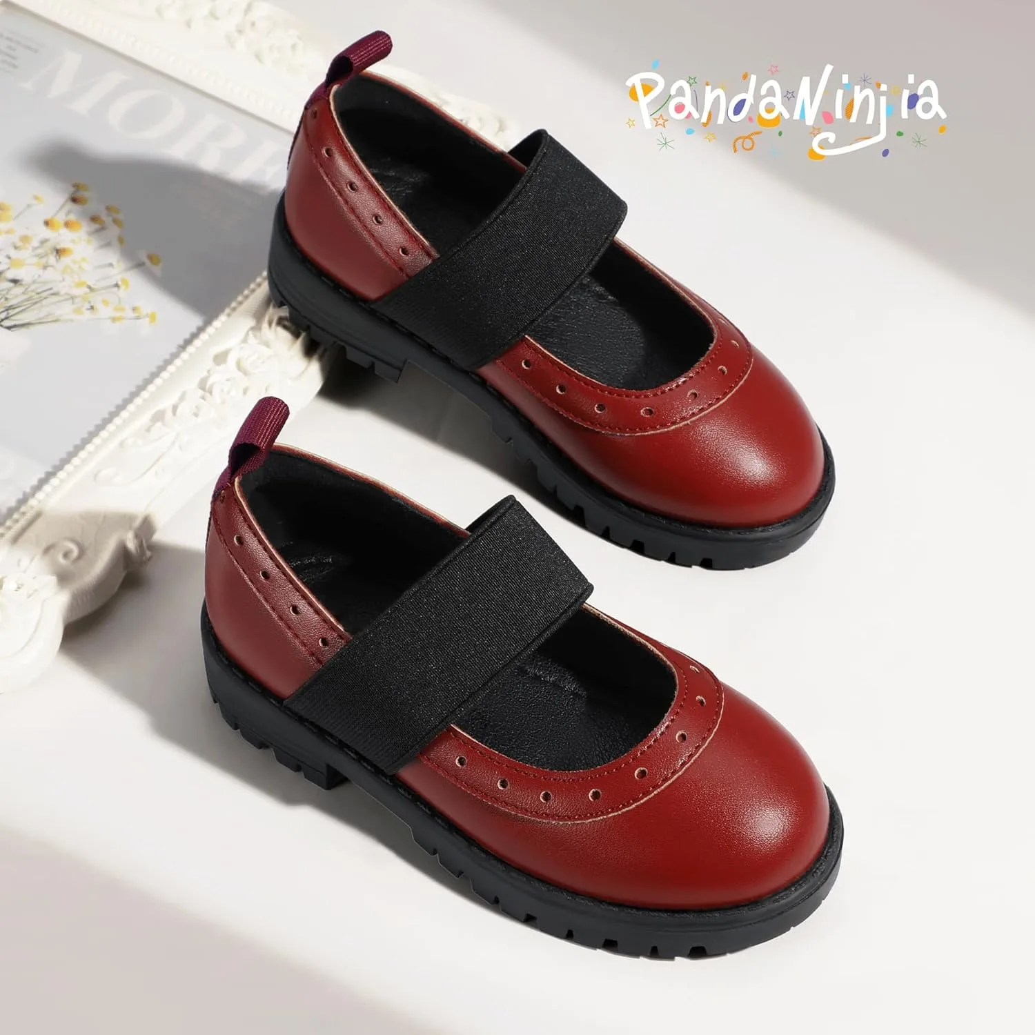 PANDANINJIA Toddler Girls Mary Jane School Shoes Kids Elastic Strap Platform Flats Dress Shoes