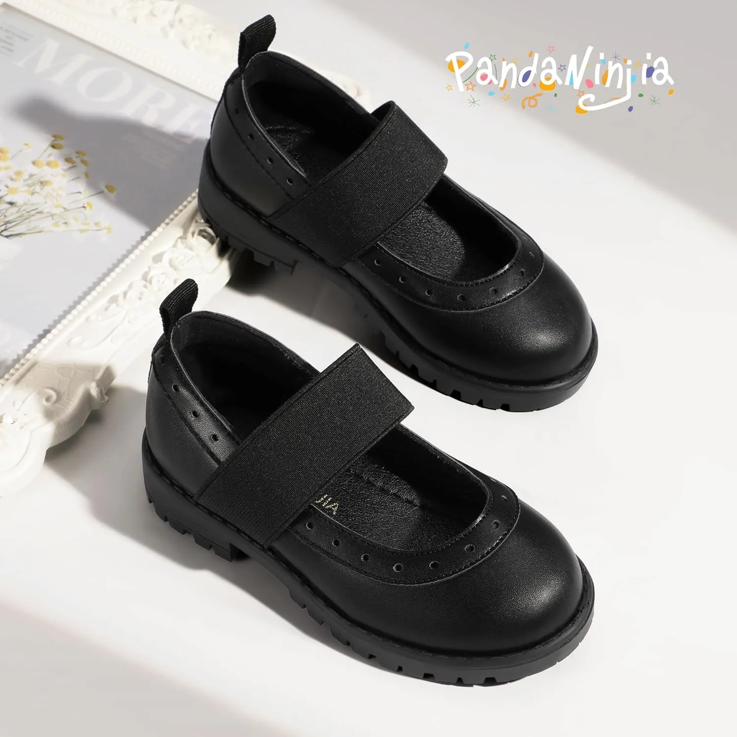 PANDANINJIA Toddler Girls Mary Jane School Shoes Kids Elastic Strap Platform Flats Dress Shoes