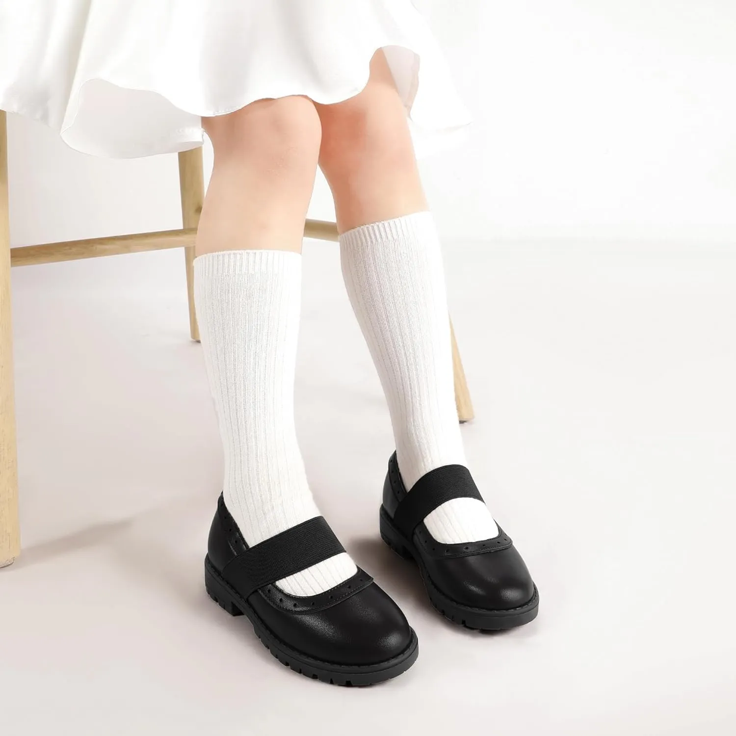 PANDANINJIA Toddler Girls Mary Jane School Shoes Kids Elastic Strap Platform Flats Dress Shoes