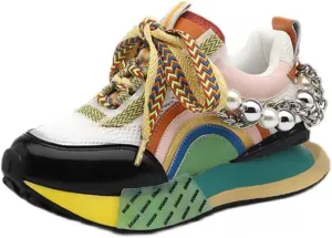 Pearl Chain Beaded Sneakers Breathable Mesh Colorblock Stylish Platform Non Slip Lace Up Shoes for Casual Streetwear Walking with Unique