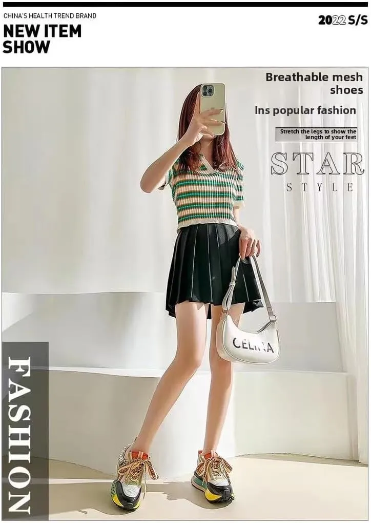 Pearl Chain Beaded Sneakers Breathable Mesh Colorblock Stylish Platform Non Slip Lace Up Shoes for Casual Streetwear Walking with Unique