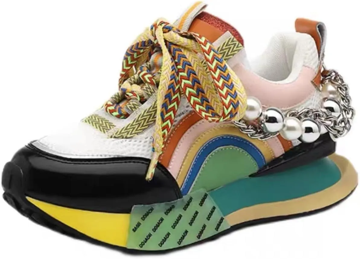 Pearl Chain Beaded Sneakers Breathable Mesh Colorblock Stylish Platform Non Slip Lace Up Shoes for Casual Streetwear Walking with Unique