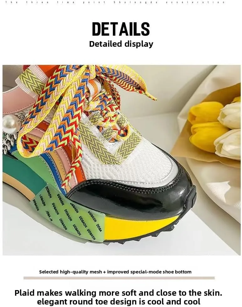 Pearl Chain Beaded Sneakers Breathable Mesh Colorblock Stylish Platform Non Slip Lace Up Shoes for Casual Streetwear Walking with Unique