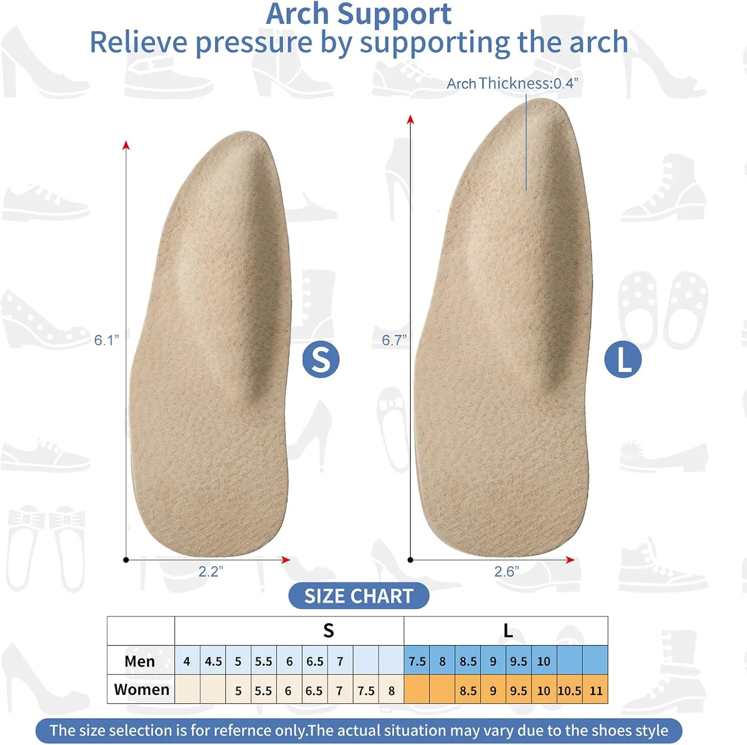 Pigskin Arch Support Insoles for Women Plantar Fasciitis & Flats Feet Pain Relief, 0.4" Thickness, Self-Adhesive Arch Insert with Heel Cushion for High Heels Sandals Slippers Flats, 2 Pairs 5-8 Size