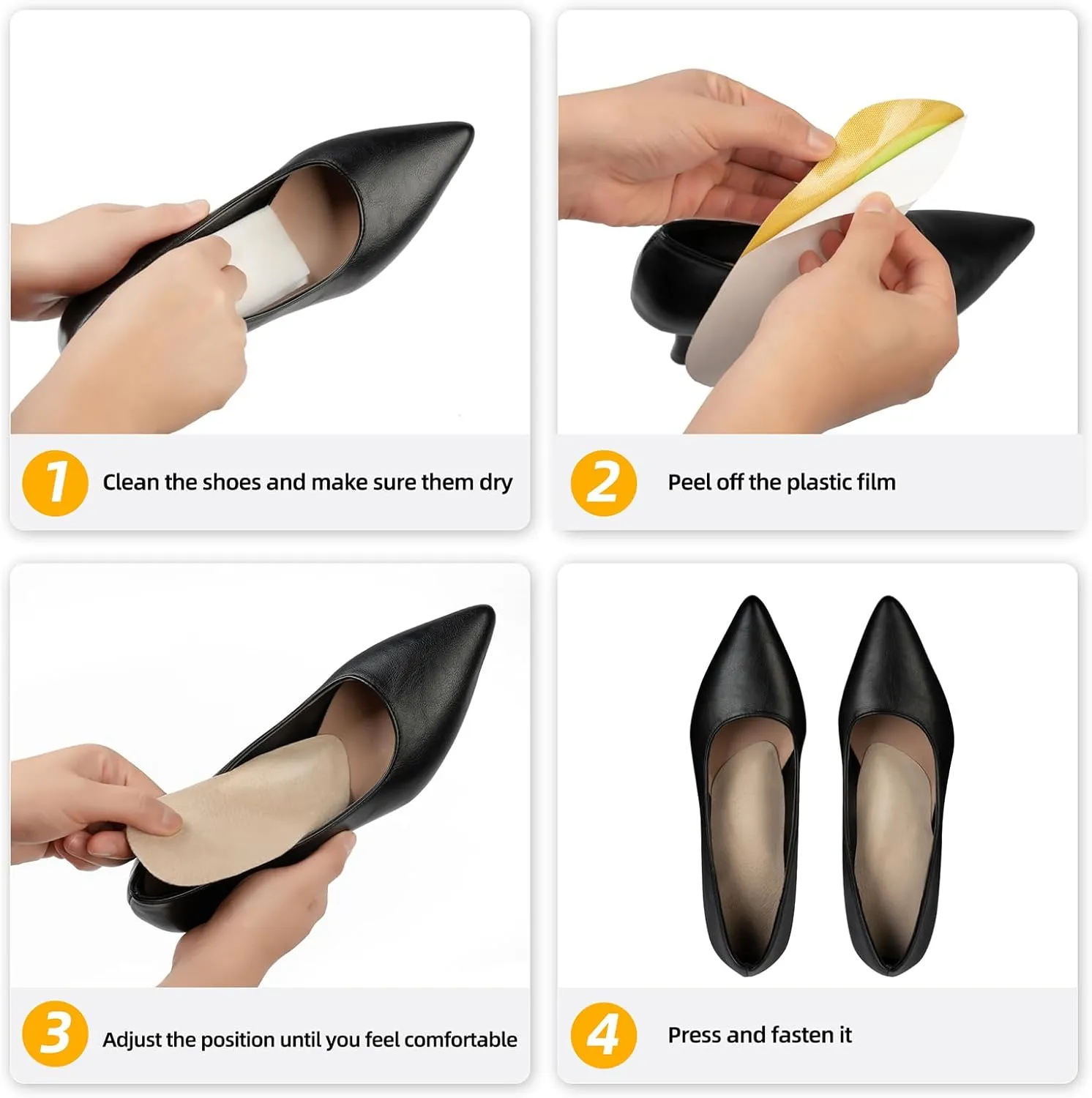 Pigskin Arch Support Insoles for Women Plantar Fasciitis & Flats Feet Pain Relief, 0.4" Thickness, Self-Adhesive Arch Insert with Heel Cushion for High Heels Sandals Slippers Flats, 2 Pairs 5-8 Size