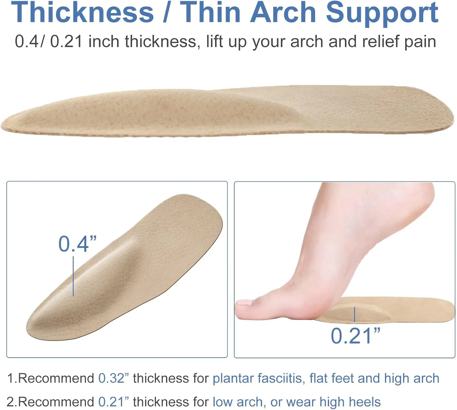 Pigskin Arch Support Insoles for Women Plantar Fasciitis & Flats Feet Pain Relief, 0.4" Thickness, Self-Adhesive Arch Insert with Heel Cushion for High Heels Sandals Slippers Flats, 2 Pairs 8-12 Size