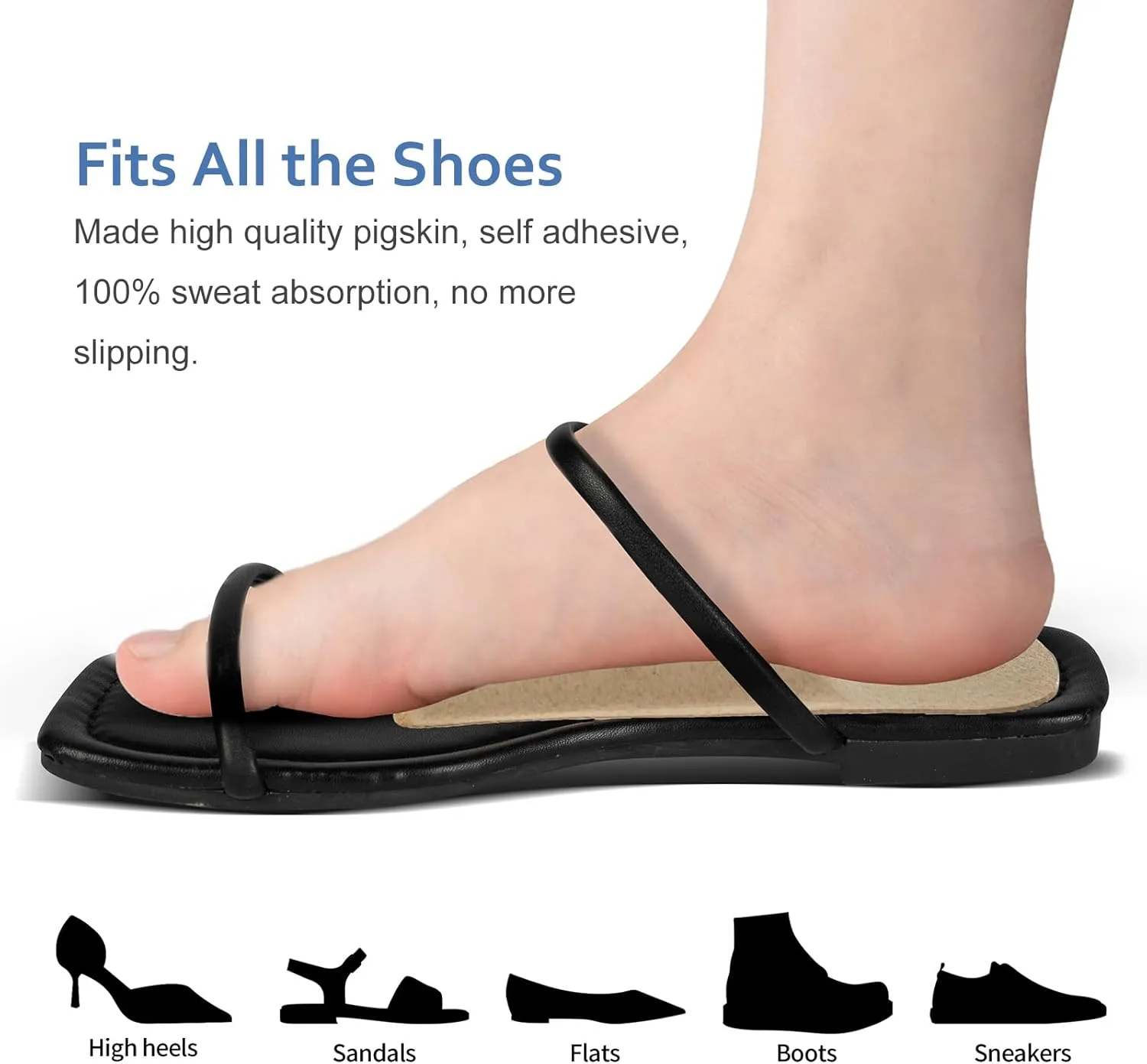 Pigskin Arch Support Insoles for Women Plantar Fasciitis & Flats Feet Pain Relief, 0.4" Thickness, Self-Adhesive Arch Insert with Heel Cushion for High Heels Sandals Slippers Flats, 2 Pairs 8-12 Size