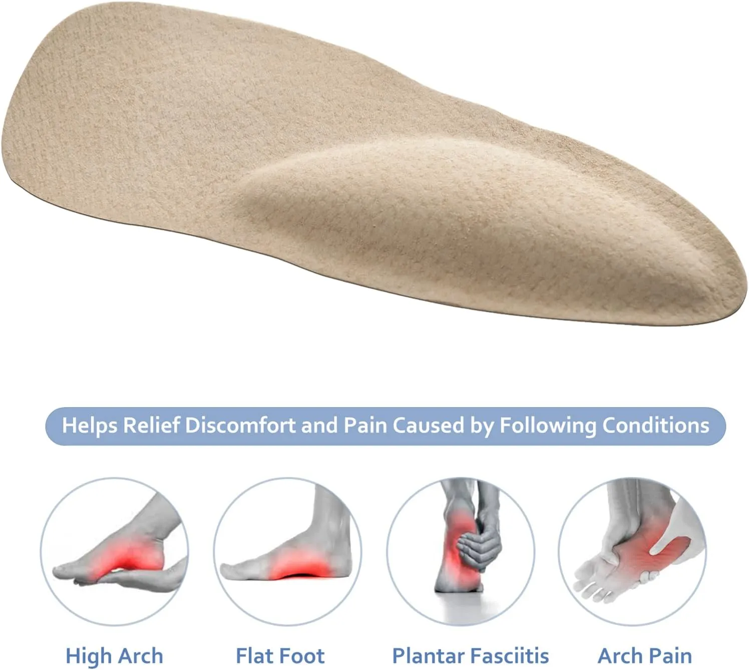 Pigskin Arch Support Insoles for Women Plantar Fasciitis & Flats Feet Pain Relief, 0.4" Thickness, Self-Adhesive Arch Insert with Heel Cushion for High Heels Sandals Slippers Flats, 2 Pairs 8-12 Size