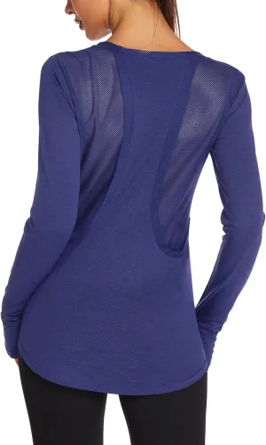 PINSPARK Long Sleeve Workout Shirts for Women Mesh Yoga Tops Loose Fit Hiking Gym Shirts Breathable Quick Dry Running