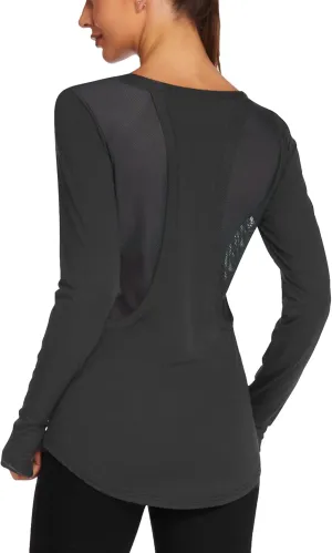 PINSPARK Long Sleeve Workout Shirts for Women Mesh Yoga Tops Loose Fit Hiking Gym Shirts Breathable Quick Dry Running