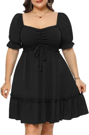 Pinup Fashion Women Plus Size Casual Puff Sleeve Sweetheart Neckline Smocked Short Summer Babydoll Cute Mini Dress