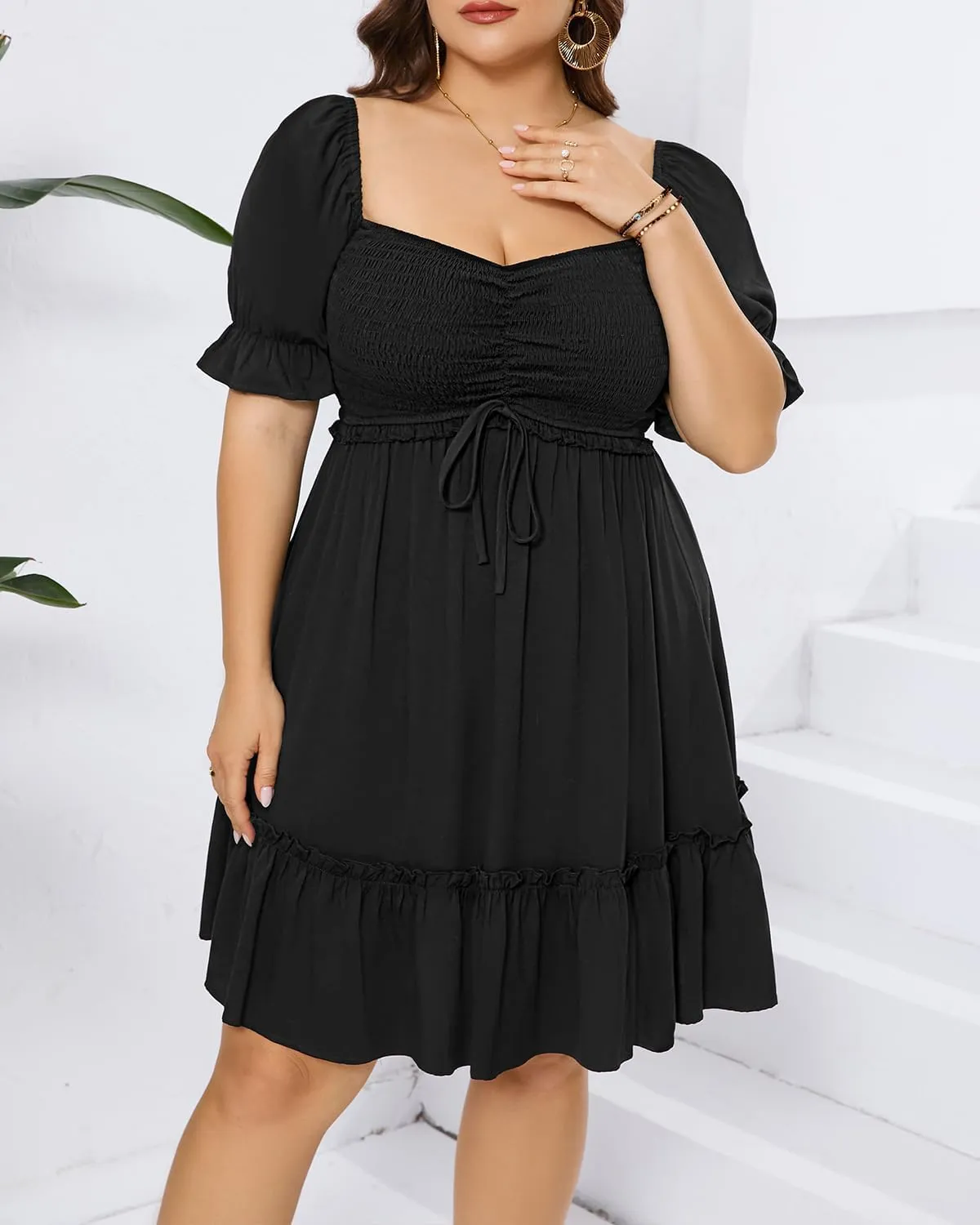 Pinup Fashion Women Plus Size Casual Puff Sleeve Sweetheart Neckline Smocked Short Summer Babydoll Cute Mini Dress