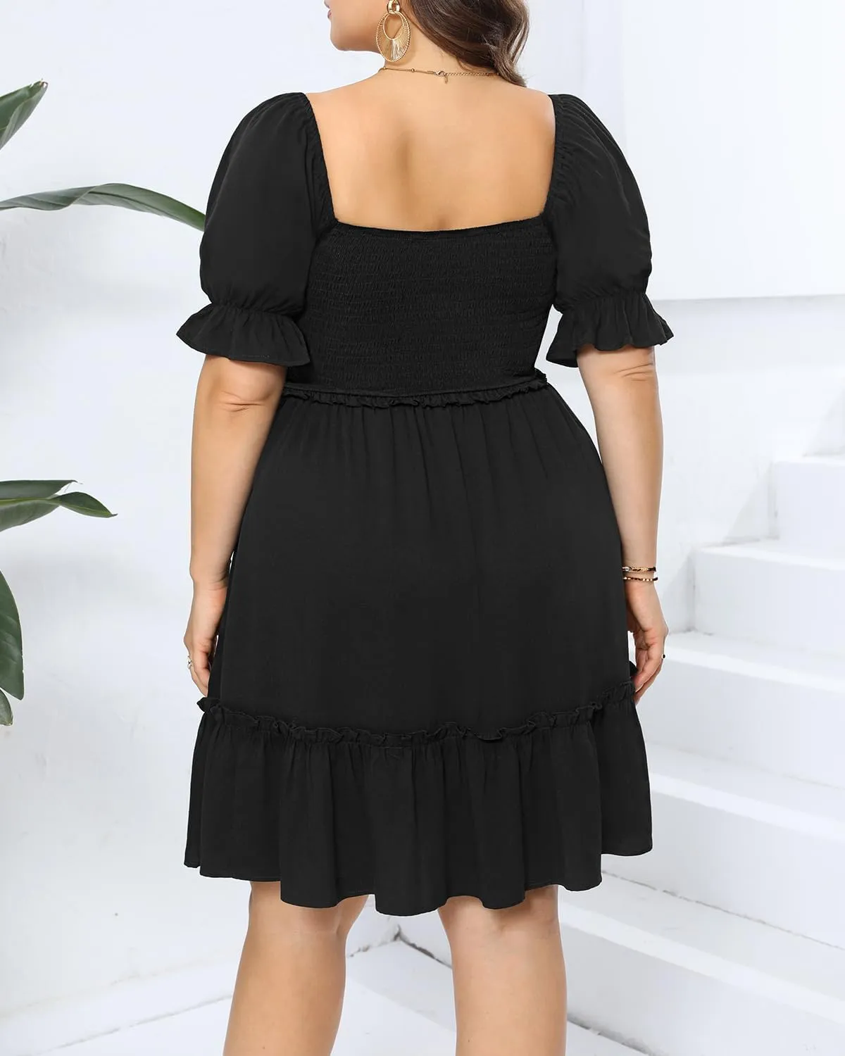 Pinup Fashion Women Plus Size Casual Puff Sleeve Sweetheart Neckline Smocked Short Summer Babydoll Cute Mini Dress