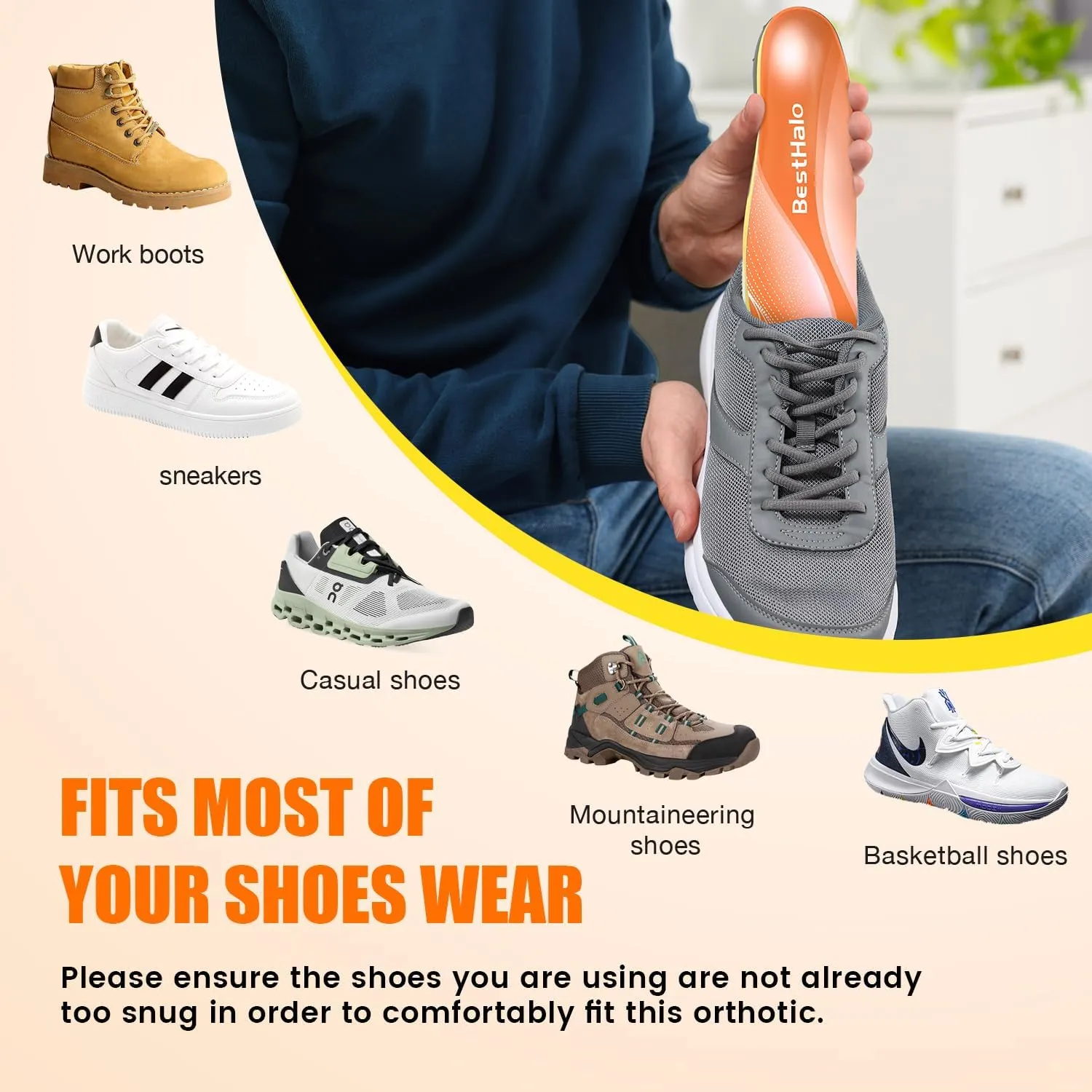 Plantar Fasciitis Insoles - High Arch Support Inserts, Gel Cushion, Relief for Flat Feet - 220  lbs Orthotics Insoles Ideal for Work Boots (Orange, Men 12.5-14.5 | Women 13.5-15.5)