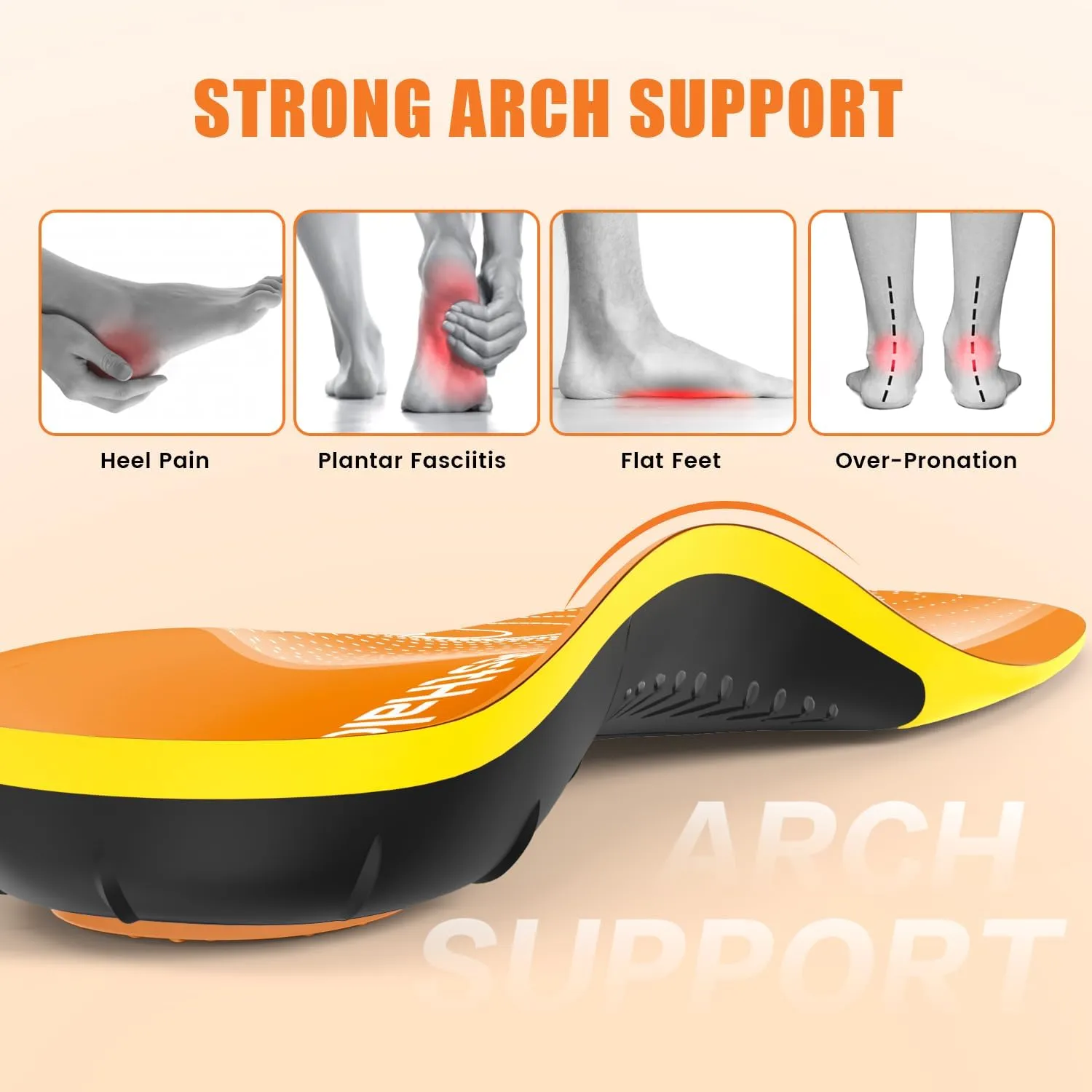 Plantar Fasciitis Insoles - High Arch Support Inserts, Gel Cushion, Relief for Flat Feet - 220  lbs Orthotics Insoles Ideal for Work Boots (Orange, Men 12.5-14.5 | Women 13.5-15.5)