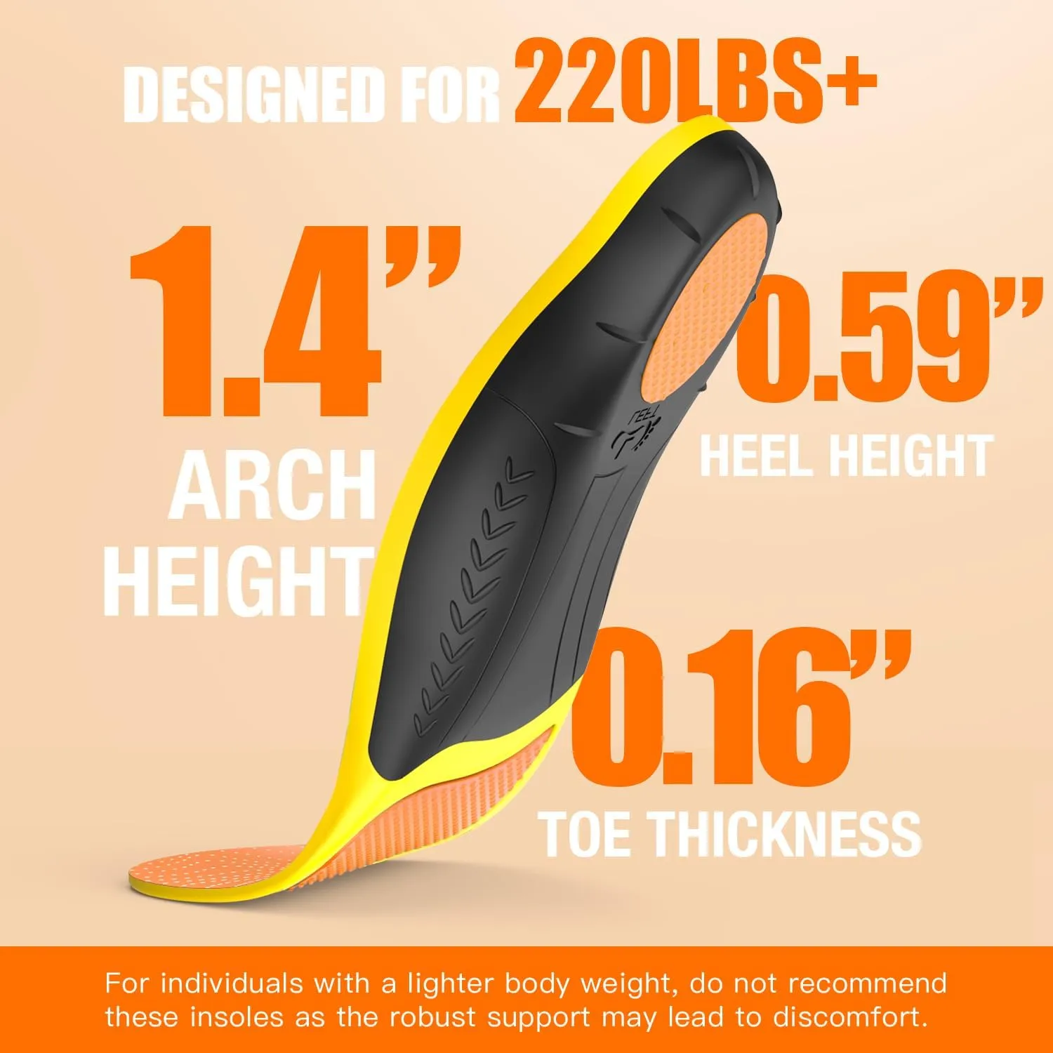 Plantar Fasciitis Insoles - High Arch Support Inserts, Gel Cushion, Relief for Flat Feet - 220  lbs Orthotics Insoles Ideal for Work Boots (Orange, Men 12.5-14.5 | Women 13.5-15.5)