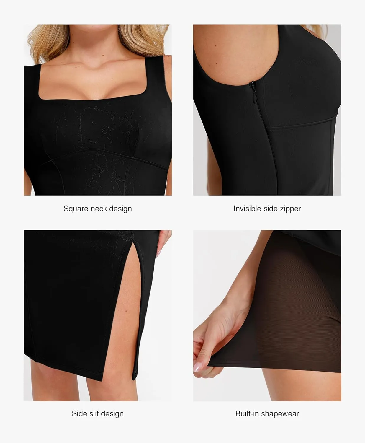 Popilush Leather Dress with Built in Shapewear Square Neck Slit Midi Dresses Faux Leather Concert Club Outfits for Women