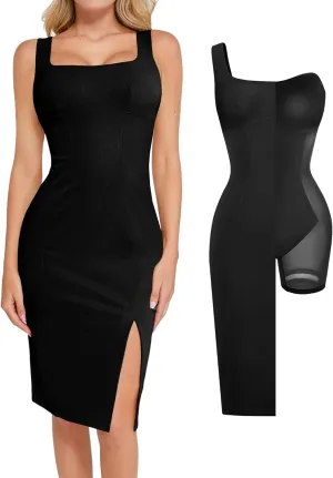 Popilush Leather Dress with Built in Shapewear Square Neck Slit Midi Dresses Faux Leather Concert Club Outfits for Women