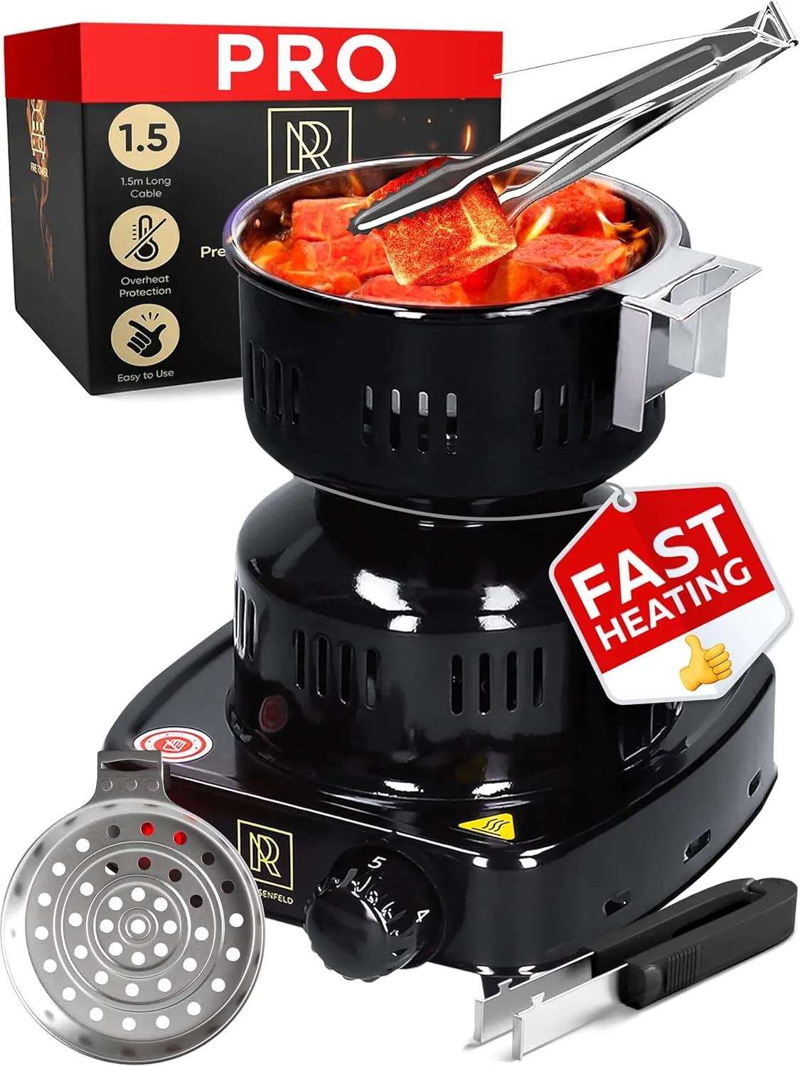PRO Multipurpose Electric Charcoal Starter - Electric Charcoal Burner Approved Electric Stove - Coconut Coals Lighters with Tongs - 450W Hot Plate Electric with 304 Stainless Steel