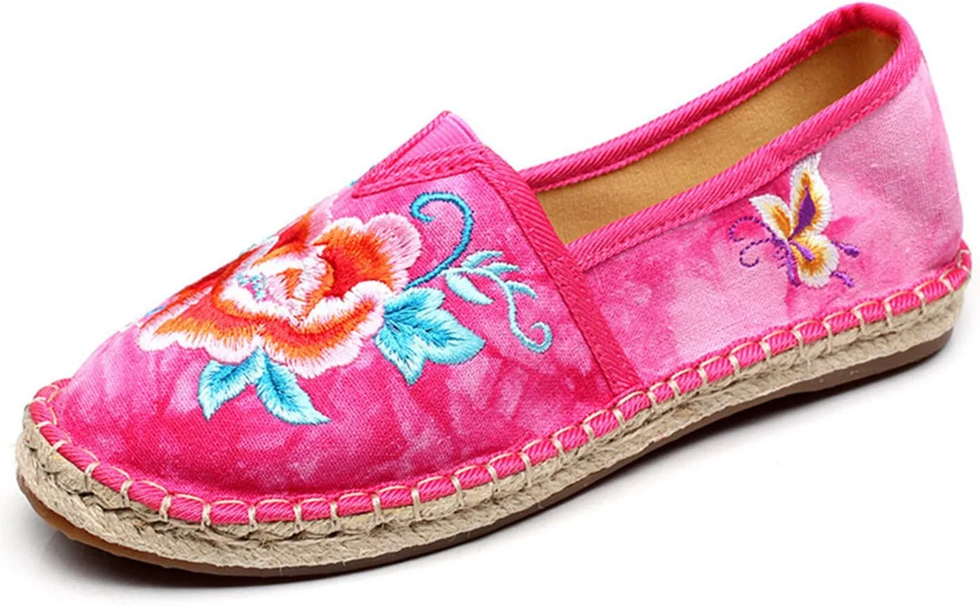 Qhome Women's Floral Embroidery Tie-dye Linen Comfortable Casual Walking Canvas Loafers Espadrilles Shoes