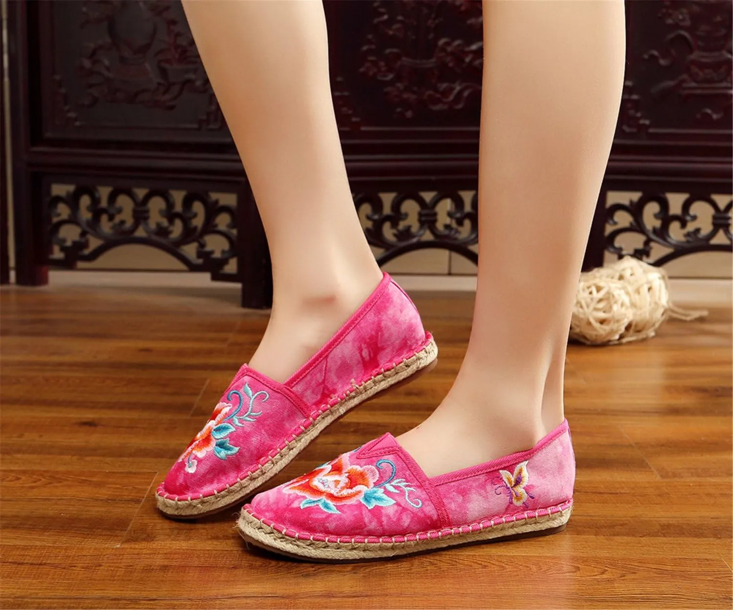 Qhome Women's Floral Embroidery Tie-dye Linen Comfortable Casual Walking Canvas Loafers Espadrilles Shoes