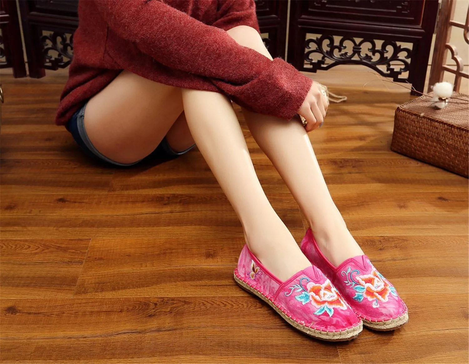 Qhome Women's Floral Embroidery Tie-dye Linen Comfortable Casual Walking Canvas Loafers Espadrilles Shoes