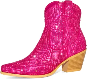 Rhinestone Boots for Women Sparkly Cowgirl Boots Pointed Toe Chunky Heels Rhinestone Cowboy Boots