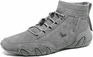 RiceelSor Men's Casual Leather Sock High Top Loafers Hand-Stitching Slip-on Driving Ankle Shoes Fully Fur Lined Warm Non-Slip Comfortable Dress Shoe
