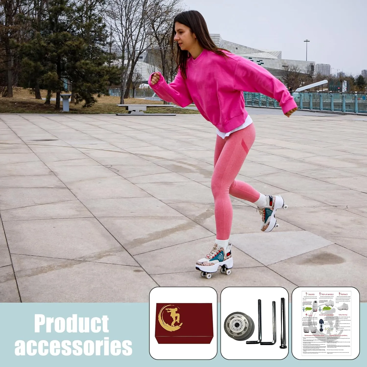 Roller Skate Shoes for Women Four Rounds Children's Roller Skates Shoes That Turn into Rollerskates Sneakers Outdoor Light Shoes with Wheels for Girls/Boys