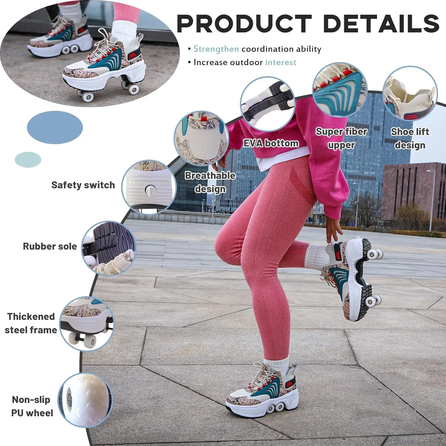 Roller Skate Shoes for Women Four Rounds Children's Roller Skates Shoes That Turn into Rollerskates Sneakers Outdoor Light Shoes with Wheels for Girls/Boys