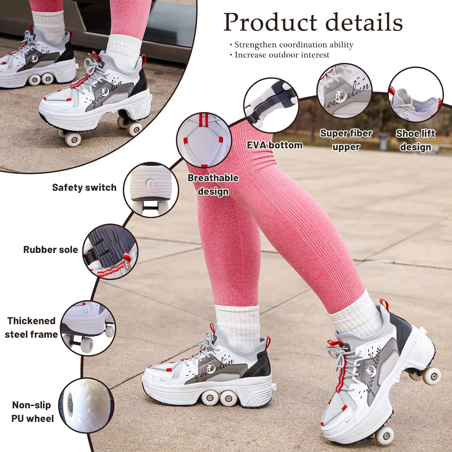 Roller Skate Shoes for Women Kids Roller Shoes Boy Girl Sneakers with Retractable Wheels Breathable Roller Skates Shoes for Christmas Birthday Children Show Gift