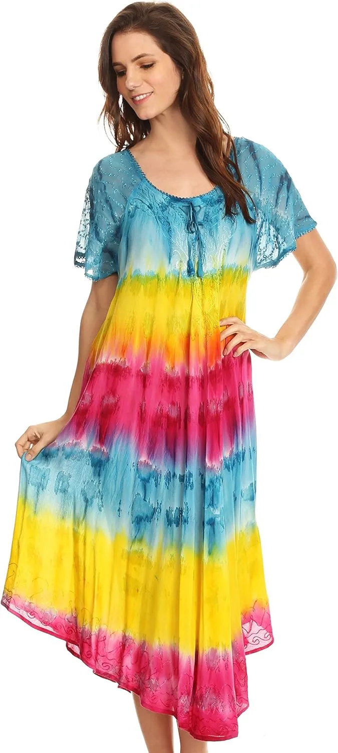 Sakkas Sula Tie-Dye Wide Neck Embroidered Boho Sundress Caftan Cover Up
