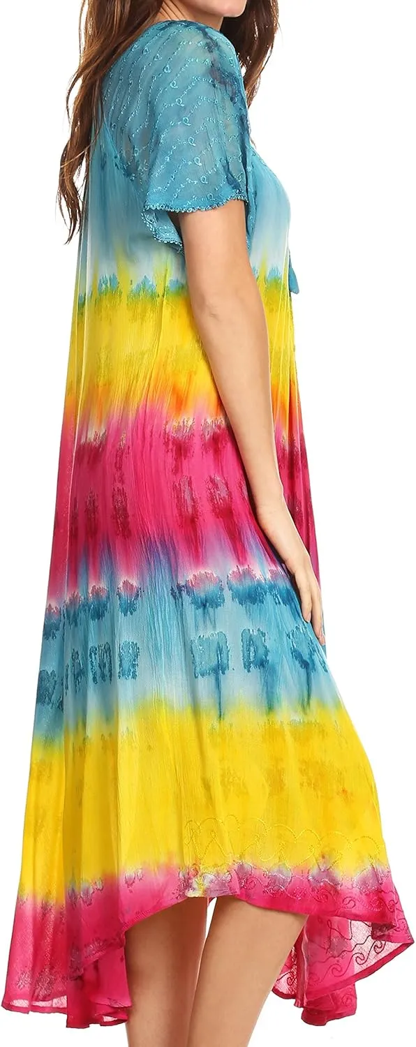 Sakkas Sula Tie-Dye Wide Neck Embroidered Boho Sundress Caftan Cover Up