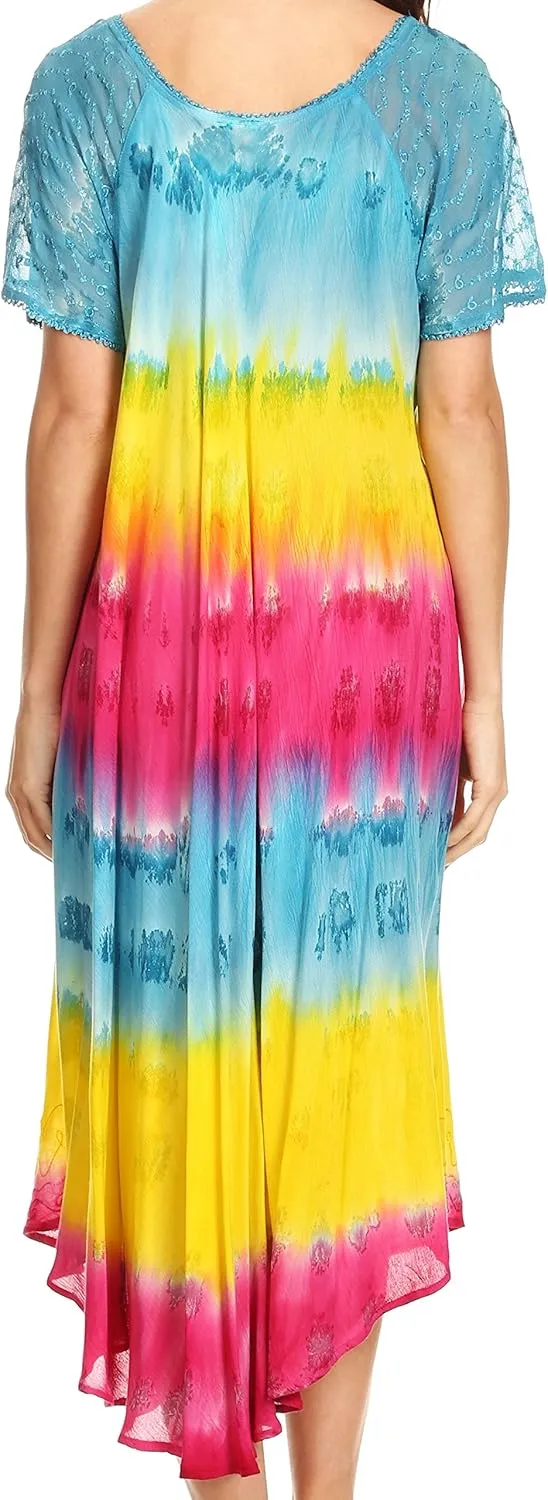 Sakkas Sula Tie-Dye Wide Neck Embroidered Boho Sundress Caftan Cover Up