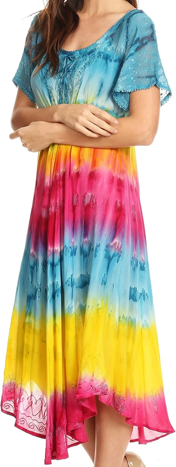 Sakkas Sula Tie-Dye Wide Neck Embroidered Boho Sundress Caftan Cover Up