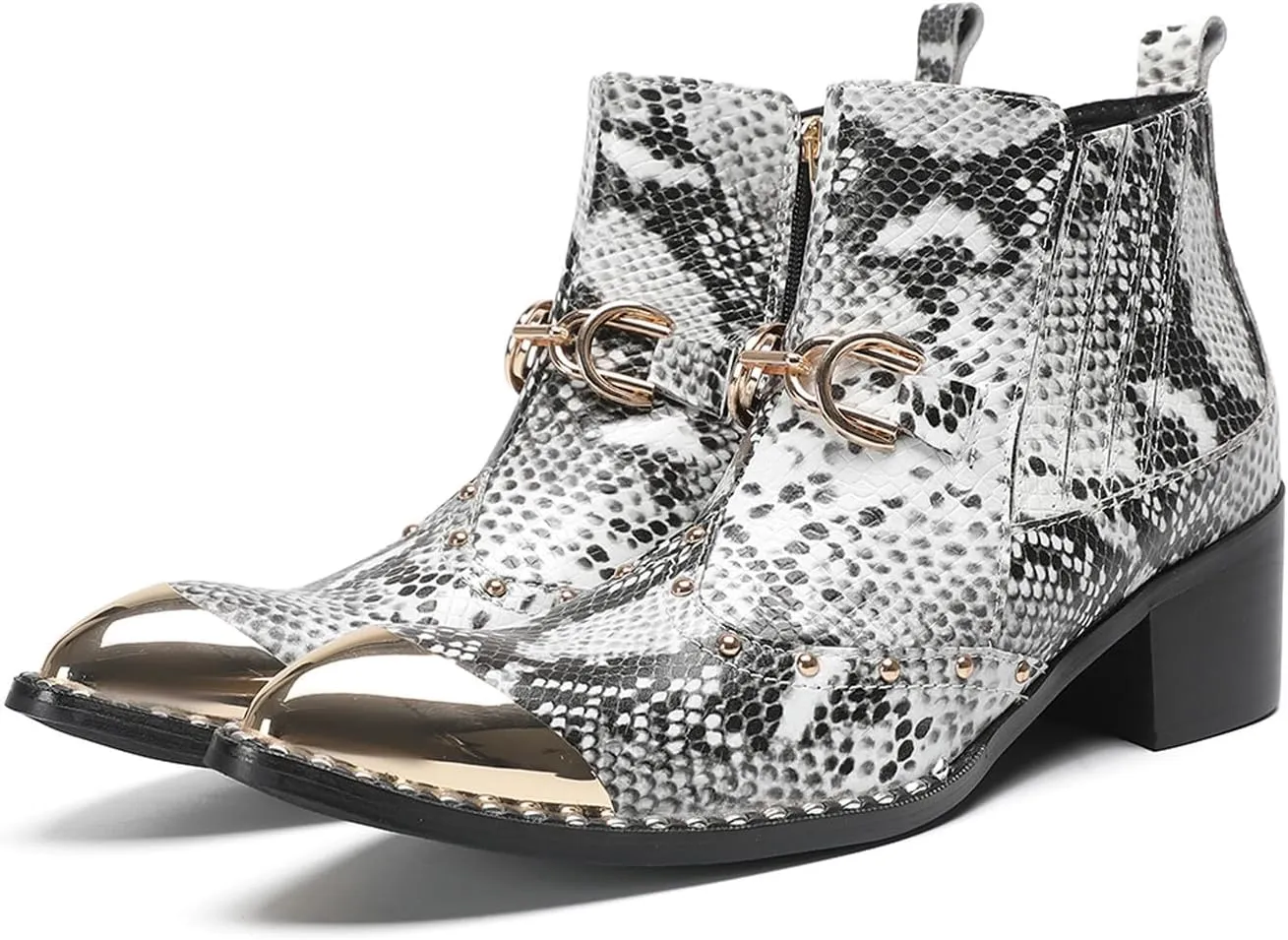 Santimon Men’s Snake-Print & Leather Chelsea Cowboy Boots – Metal Pointed Toe, Horsebit Buckle, Studded Zipper Ankle Western Boot, 2" Block Heel Fashion Rock & Rodeo Footwear