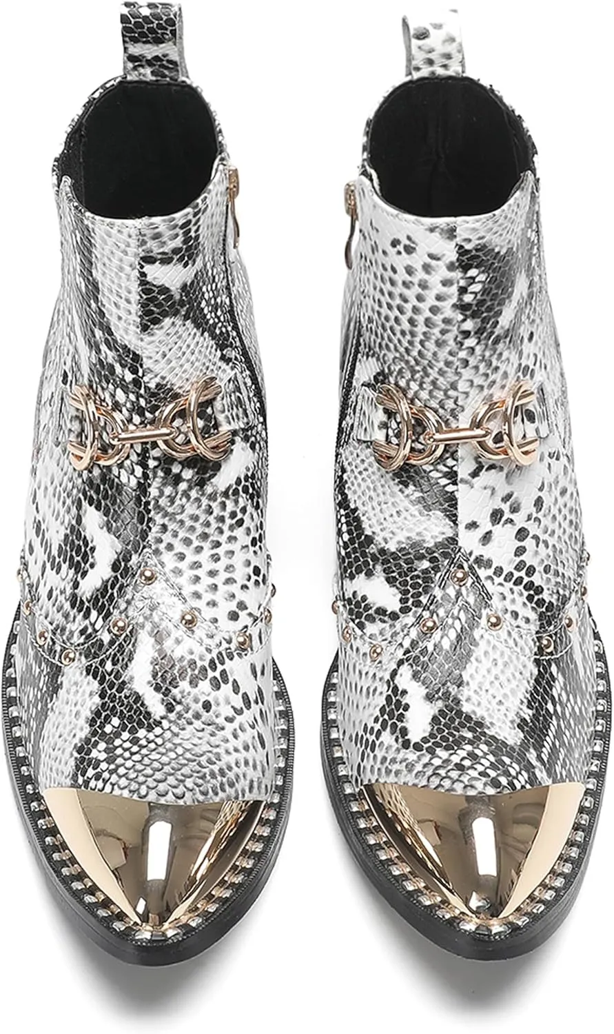 Santimon Men’s Snake-Print & Leather Chelsea Cowboy Boots – Metal Pointed Toe, Horsebit Buckle, Studded Zipper Ankle Western Boot, 2" Block Heel Fashion Rock & Rodeo Footwear